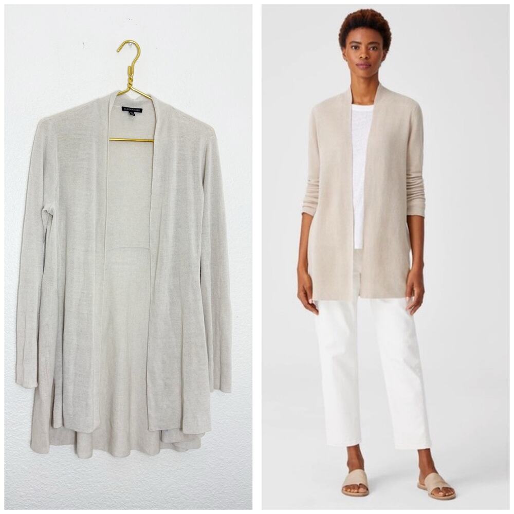 Eileen Fisher Organic Linen Blend Duster Cardigan Beige Lagenlook Medium Crepe